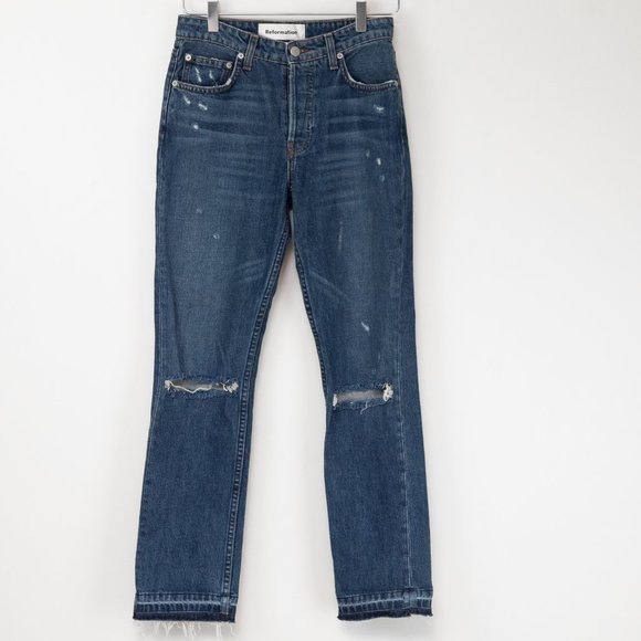 Reformation Winona Jeans Slim Cigarette Mid Rise Denim Distressed Blue Size 25 - Picture 1 of 8
